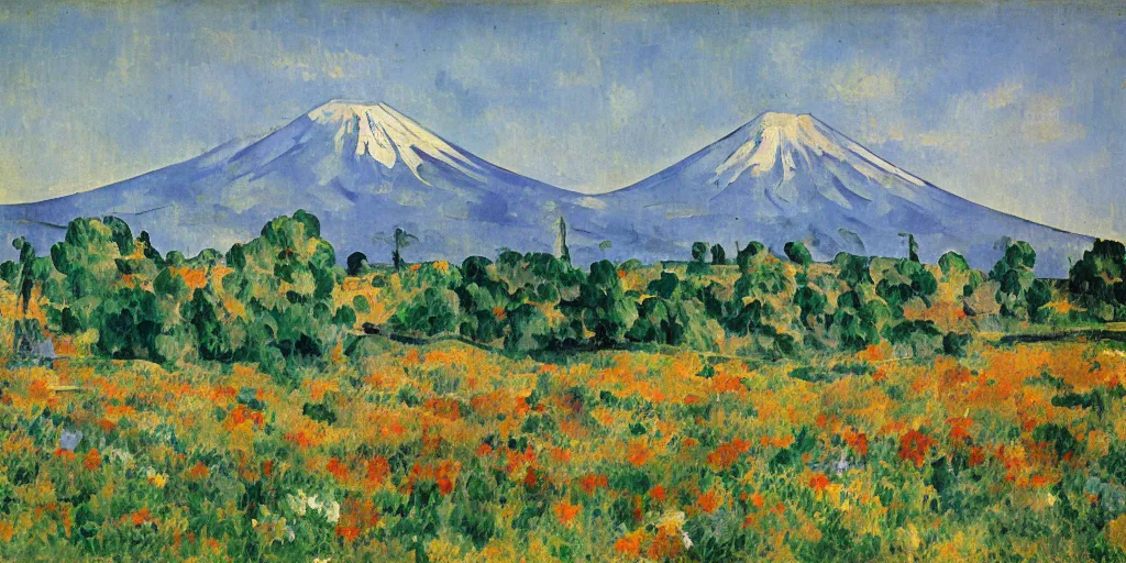 Prompt: Field of mixed flowers, Mount Fuji blurred in the background, good news on Sunday, Cézanne style,XIXth century painting with gold frame
