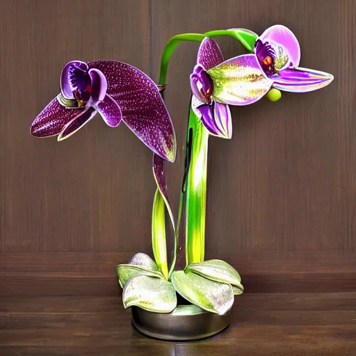 Image similar to metal orchid flower, reflective, shiny, high detail