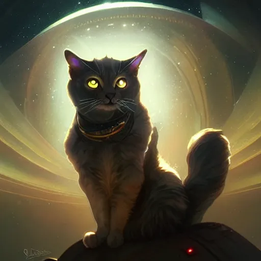 Prompt: Cat summoning a spaceship, sci-fi, fantasy, intricate, elegant, highly detailed, digital painting, artstation, concept art, matte, sharp focus, illustration, art by Artgerm and Greg Rutkowski and Alphonse Mucha