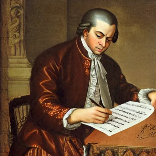 Image similar to a renaissance painting of mozart writting a piece of music on a sheet. He is staring at the sheet with one hand on his head.