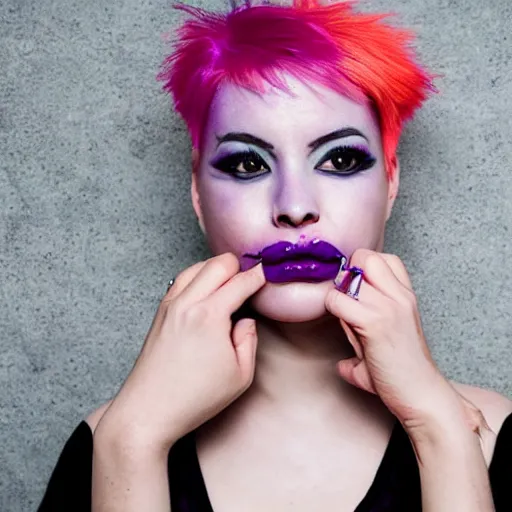 Image similar to a woman with pink hair, purple eyebrows, and a septum ring, editorial photography