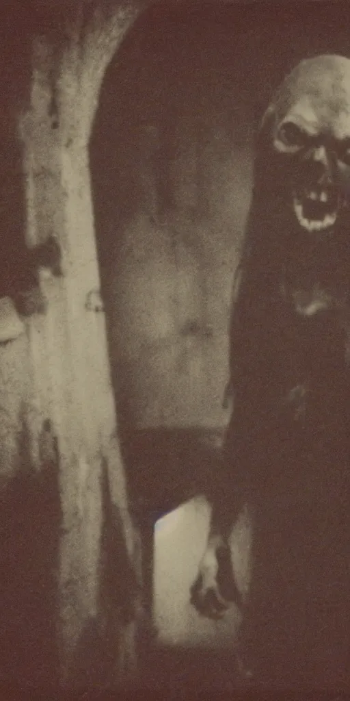 Image similar to still of a horrid vampiric creature hiding in a barn, horror movie, grainy, faded, polaroid, found footage