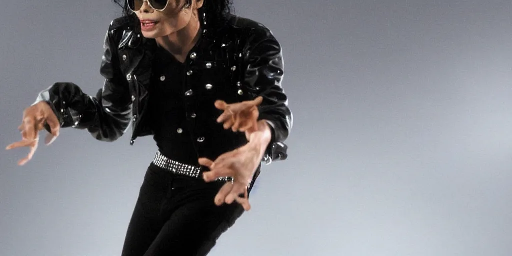 Image similar to michael jackson by himself 2 0 0 9 style wearing shades, studio dancing solo, this is it style, photo real, pores, motion blur, solo, by himself, heroic pose, real life, spotted, ultra realistic face, accurate, 4 k, movie still, uhd, sharp, detailed, cinematic, render, modern