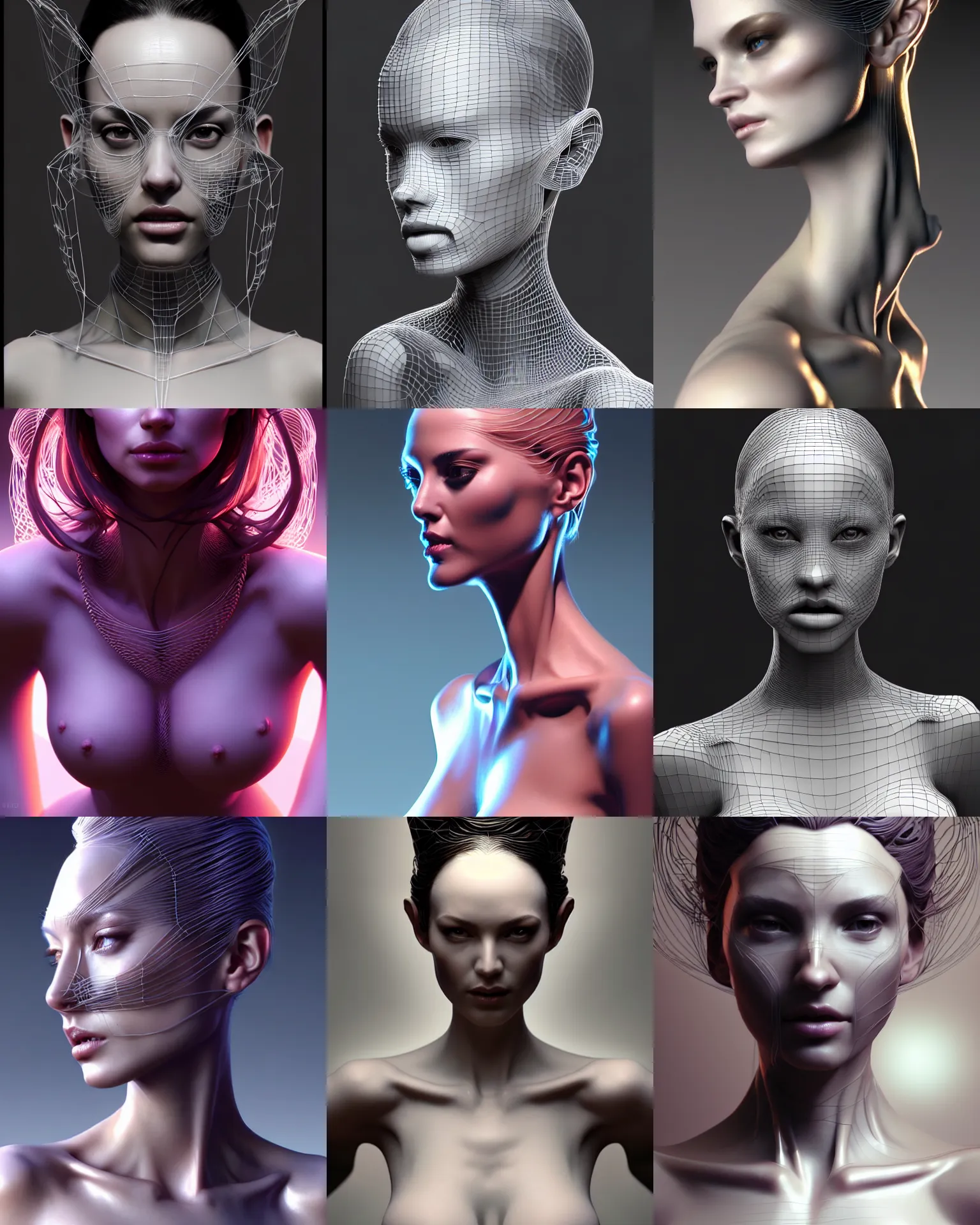 Prompt: beautiful woman portrait, high poly 3 d glowing wireframe models, wireframe mode, wireframes turned on, overlay of a 3 d wireframe version, half textured half wireframe, ultra realistic, dramatic lighting, intricate details, highly detailed by peter mohrbacher, boris vallejo, hajime sorayama, wayne barlowe,
