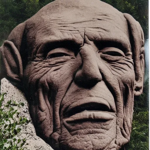 Prompt: old color postcard : abe vigoda's face carved into a mountainside, 6 0 0 feet tall.