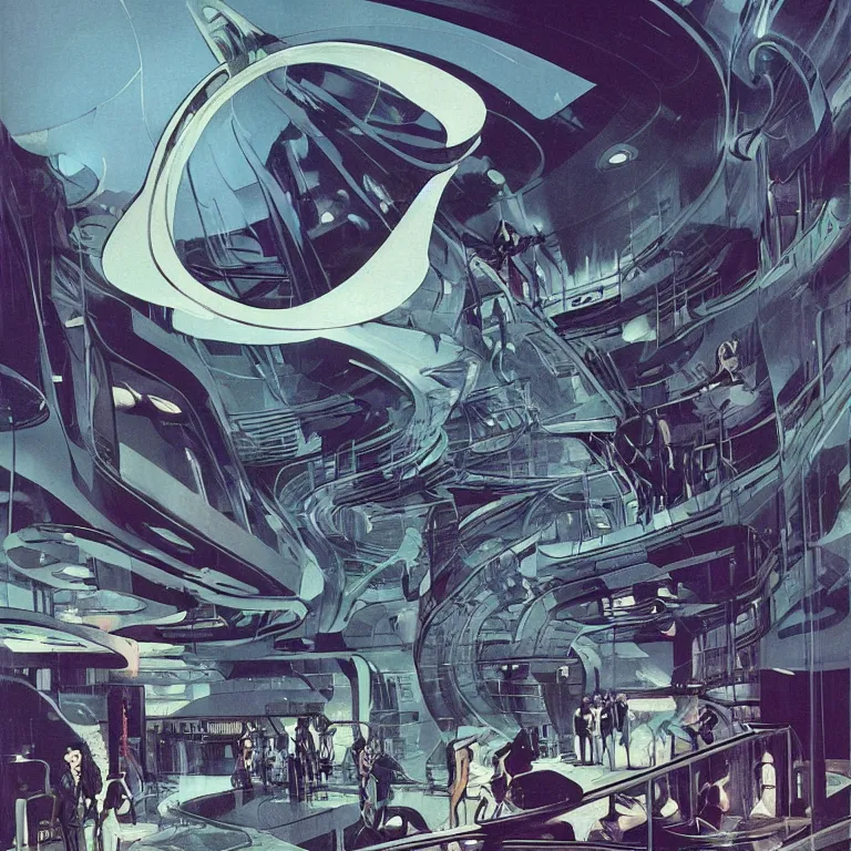 Image similar to 1970's sci-fi comic book art of silhouettes watching a large alien aquarium by Syd Mead. fancy futuristic architecture. highly detailed illustration. beautiful dark moody lighting.