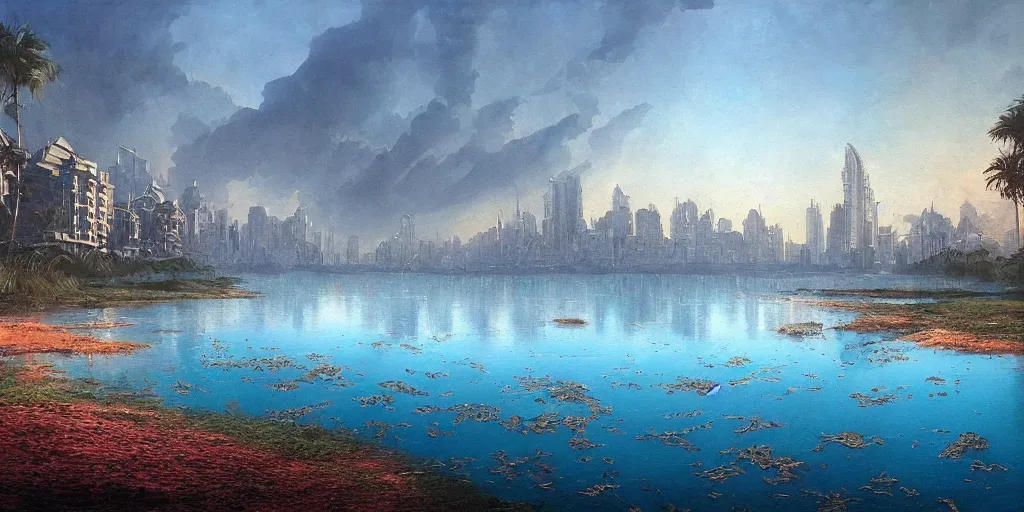 Prompt: a beautiful painting of a A paradisiacal landscape of a sea lagoon and city built on water, calm vibes, megascan texture, by John Howe, Trending on Artstation, Landscape vista