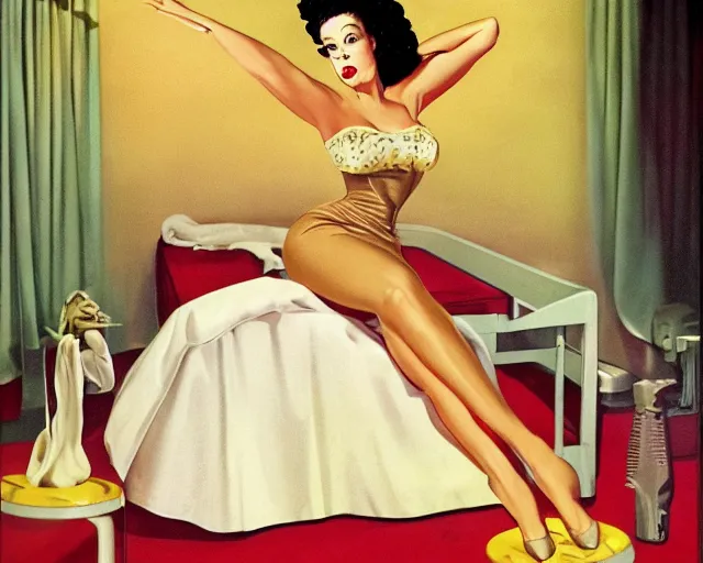 Prompt: phtorealistic modern 1 9 5 0 s style pin up of the bride of frankenstein posing in a bed in the room of a sanatarium, full body, campy color scheme, realistic, center, smooth, golden ratio, detailed, gil elvgren, earl moran, joyce ballantyne