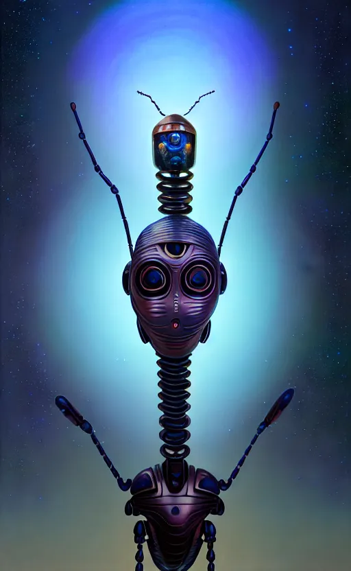 Prompt: friendly humanoid insect robot, portrait bust, symmetry, faded colors, exotic alien features, cypherpunk background, tim hildebrandt, wayne barlowe, bruce pennington, donato giancola, larry elmore, masterpiece, trending on artstation, featured on pixiv, cinematic composition, beautiful lighting, sharp, details, hyper detailed, 8 k, unreal engine 5