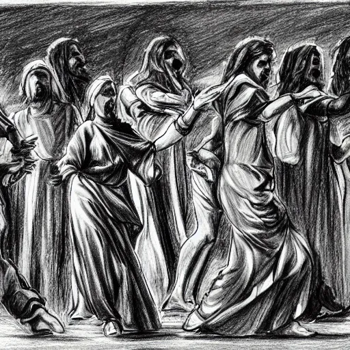 Prompt: a gesture draw of people in Biblical clothing dancing. Gesture draw, pen