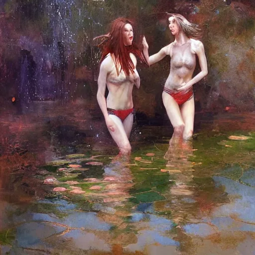 Prompt: women coming out of pond, by jon foster
