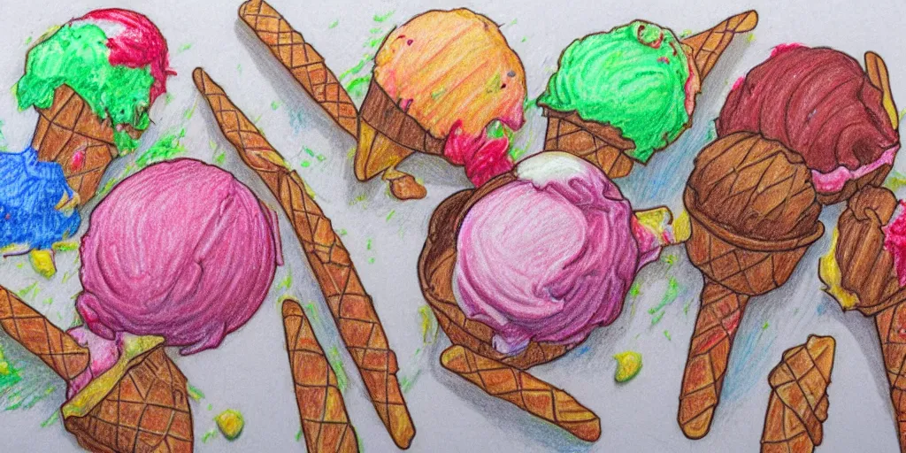 Prompt: colored pencil drawing of an ice cream food fight