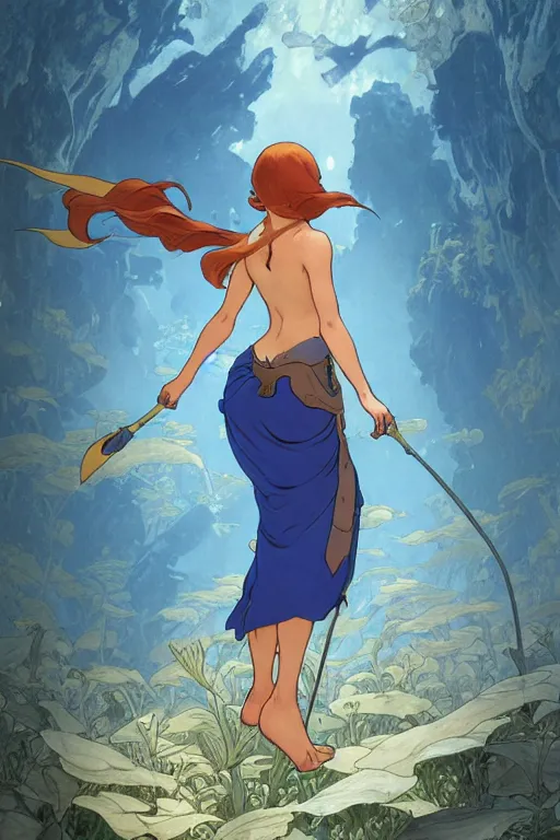 Image similar to ariel in nausicaa of the valley of the wind, highly detailed, digital painting, artstation, concept art, smooth, sharp focus, illustration, ArtStation, art by artgerm and greg rutkowski and alphonse mucha and J. C. Leyendecker and Edmund Blair Leighton and Katsuhiro Otomo and Geof Darrow and Phil hale and Ashley wood and Ilya repin and Charlie Bowater