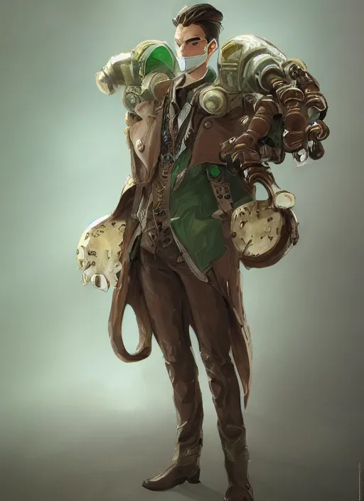 Prompt: a highly detailed illustration of thick wavy brown haired young white guy wearing brown trench coat and wearing green face mask, with many mechanical arms on his back, dramatic hands in pocket standing pose, intricate, elegant, highly detailed, centered, digital painting, artstation, concept art, smooth, sharp focus, league of legends concept art, WLOP