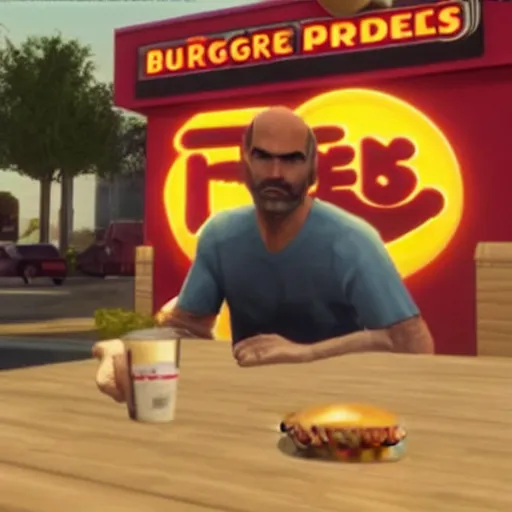 Image similar to Trevor Philips sitting at a burger king