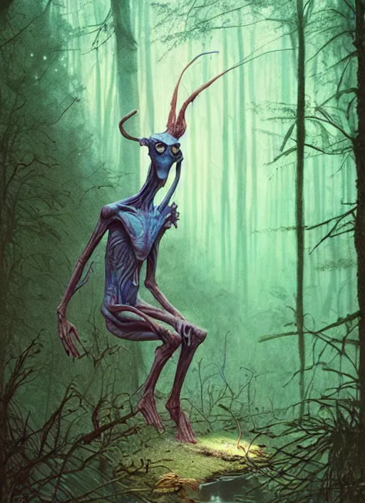 Image similar to hyper realistic magic alien in the woods in a river gorgeous lighting, lush forest foliage blue sky a hyper realistic ink drawing by chiara bautista and beksinski and norman rockwell and greg rutkowski, tom bagshaw weta studio, and lucasfilm