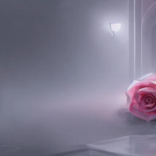 Image similar to a Rose lying on white marble, fog, volumetric lighting, intricate, elegant, highly detailed, digital painting, concept art, smooth, sharp focus, illustration, trending on artstation