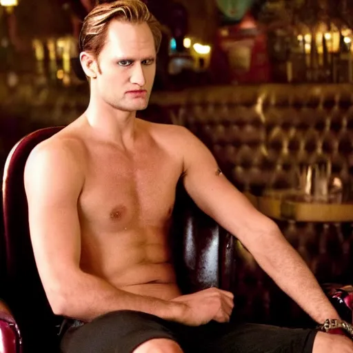 Image similar to eric northman sitting on his throne in a busy night club