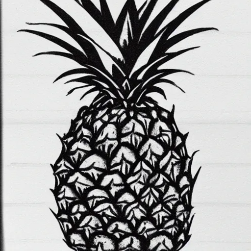 Image similar to a sketch of a pineapple sitting on a porch, sad, shadows,