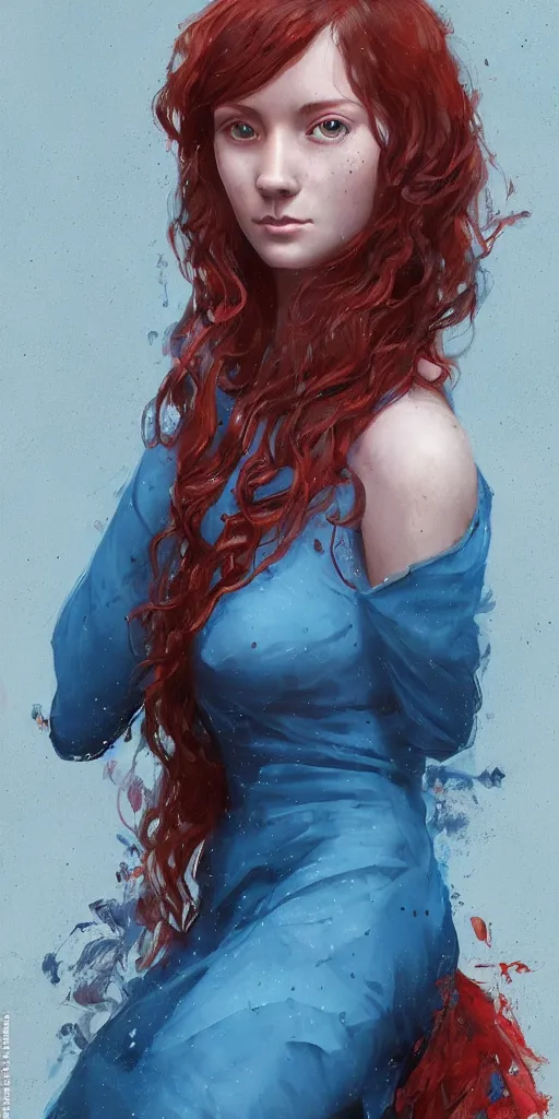 Prompt: pretty young scottish woman face, freckled face, dirty red wavy hair, glowing blue eyes, wearing a blue qipao dress, portrait, by artgerm, by greg rutkowski, by noah bradley, digital avedon