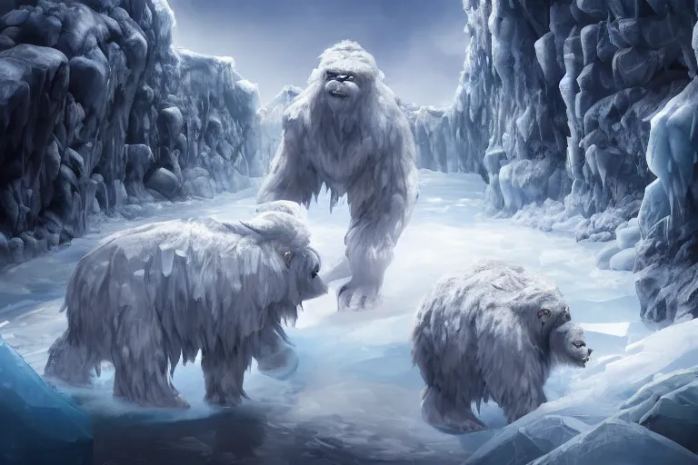 Prompt: a group of tourists discover a shy yeti behind blocks of ice, concept art, digital painting, trending on artstation, deviantart, highly detailed, perfect composition, dramatic lighting, sharp focus, 8 k uhd