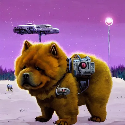 Image similar to a chow chow in a mech suit in the style of simon stalenhag