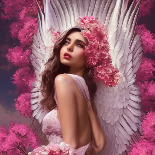 Image similar to expressive full body photo of sophia lauren as beautiful angel, smooth glowing skin, ornate headpiece made from pink flowers, glamour shot, by karol bak, by greg rutkowski, by artgerm, octane render, unreal engine, photorealistic, canon r 3, fashion photography