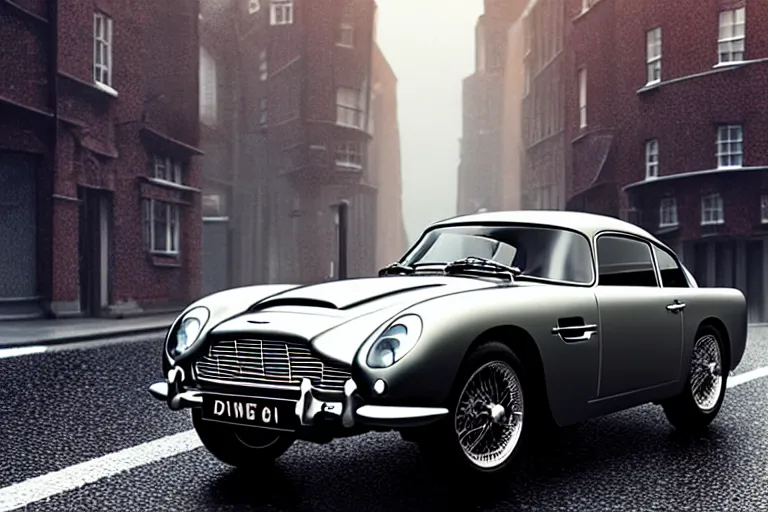 Image similar to a wholesome animation key shot of!! one!! focused!! aston martin db 5!!, front wheels turned, on a wet london street, raining, wide shot, studio ghibli, pixar and disney animation, sharp, very detailed, high resolution, rendered in unreal engine 5, anime key art by greg rutkowski, bloom, dull atmospheric lighting