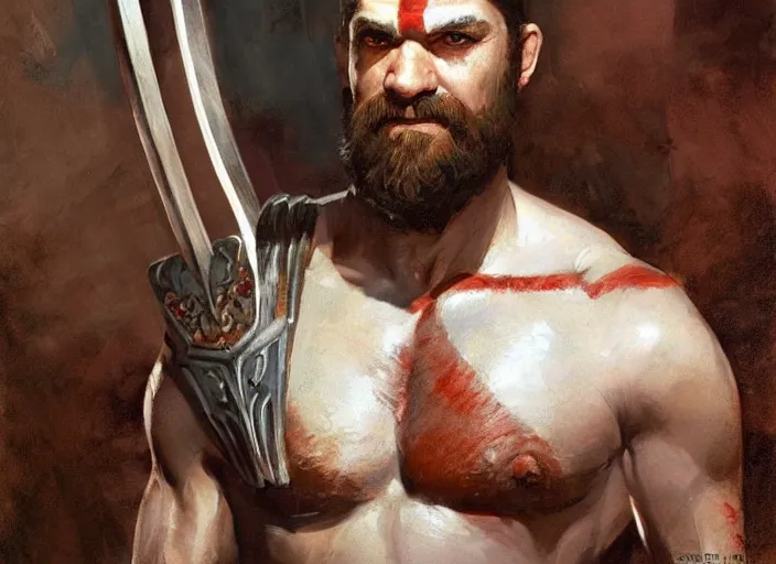 Image similar to a highly detailed beautiful portrait of antony starr as kratos, by gregory manchess, james gurney, james jean