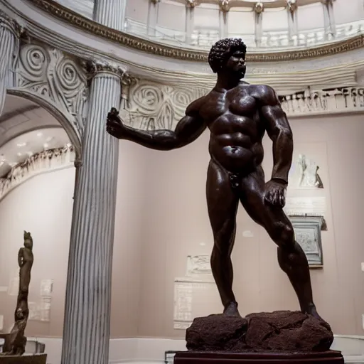 Prompt: statue of Hercules made of chocolate, in a museum, photo, 4k, intricate, detailed, smooth, crisp focus, full body, wide angle