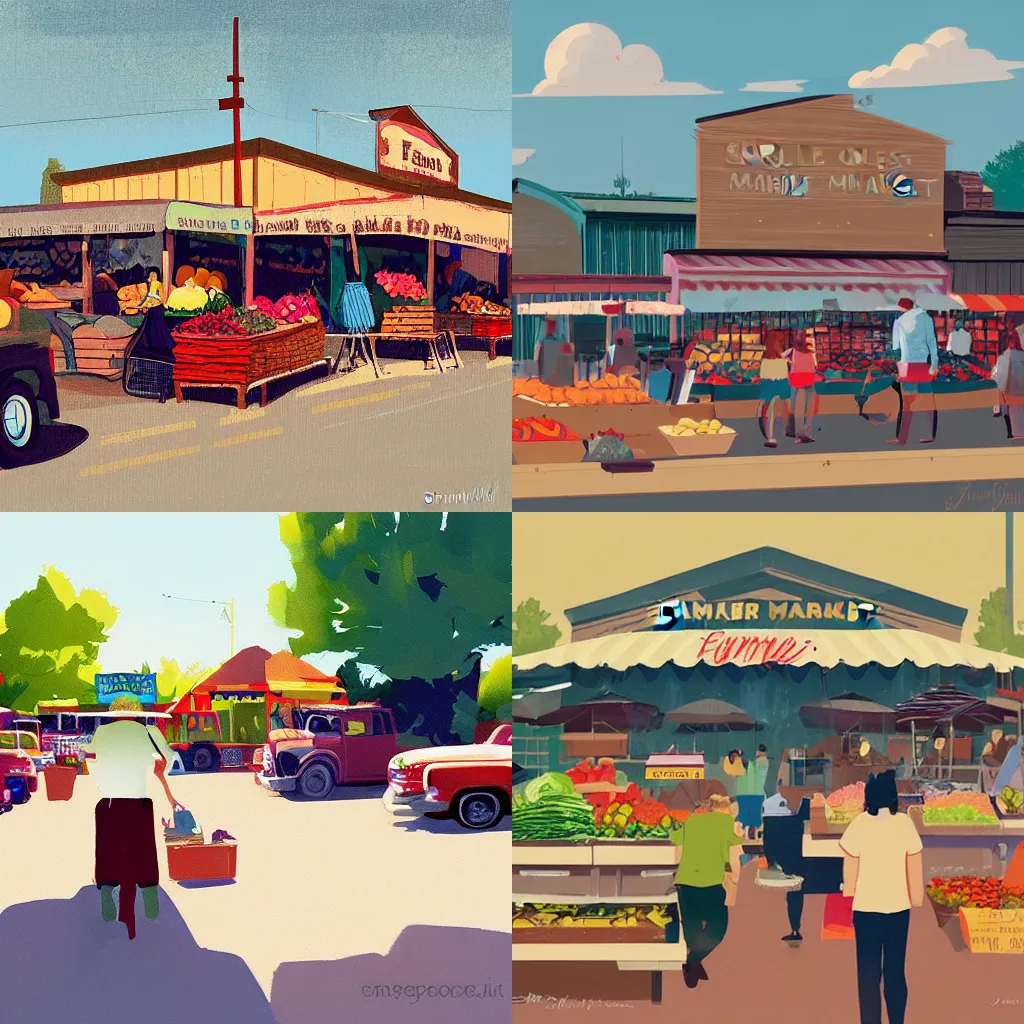 Prompt: by James Gilleard, farmer's market in small town USA