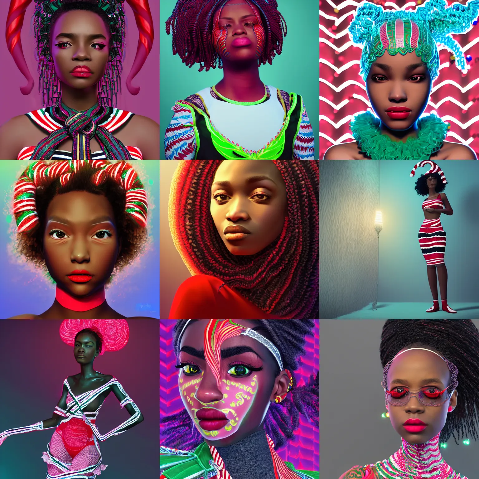Prompt: the portrait of a cranky but incredibly beautiful and elegant black girl named claire who caught covid and dresses like a candy cane, intricate linework, bright colors, final fantasy, behance contest winner, vanitas, angular, altermodern, unreal engine 5 highly rendered, global illumination, radiant light, detailed and intricate environment