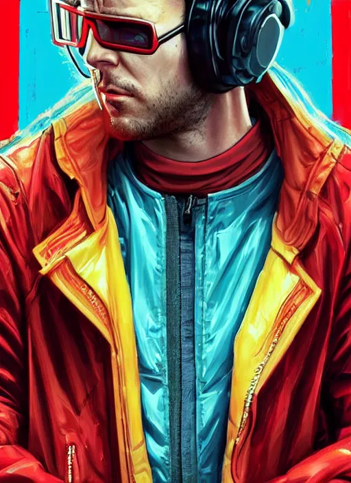 Prompt: cyberpunk character wearing jumpsuit and red jacket and cyberpunk headset. ( blade runner 2 0 4 9, dystopian, cyberpunk 2 0 7 7 character design ). attractive face. portrait by james gurney and laurie greasley, oil on canvas. cinematic, hyper realism, realistic proportions, anatomy, dramatic lighting, high detail 4 k