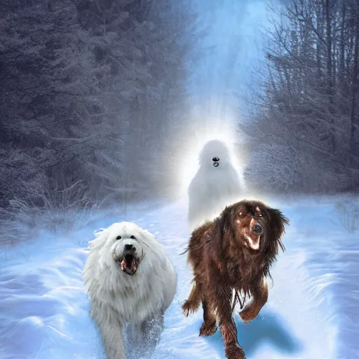 Prompt: fantasy art ultra detailed photo of a yeti and great pyrenees dog walking in a blizard