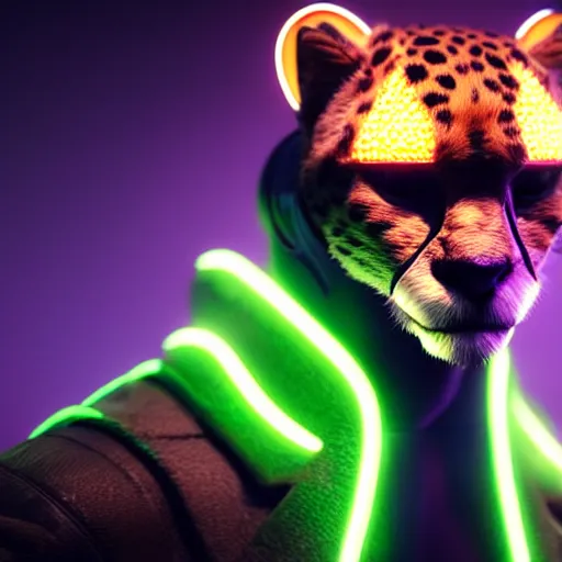 Image similar to a beautiful commission of a male anthropomorphic cheetah wearing a neon jacket,futuristic,detailed face,character design by charles bowater,mohawk,cyberpunk style,deviantart,artstation,art by greg rutkowski,ross tran,professional lighting,neon city,night,raytracing,rtx,highly realistic,4k,dramatic,hyperrealism