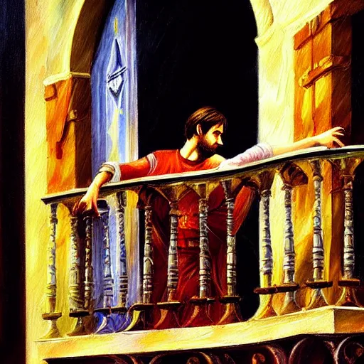 Image similar to highly detailed painting of shakespeare's romeo and juliet, balcony scene. intricate, high quality oil painting artstyle, in the style of leonid afremov, deviantart, figurative art, deviantart, ilya kuvshinov, lovecraftian, very detailed face, portrait