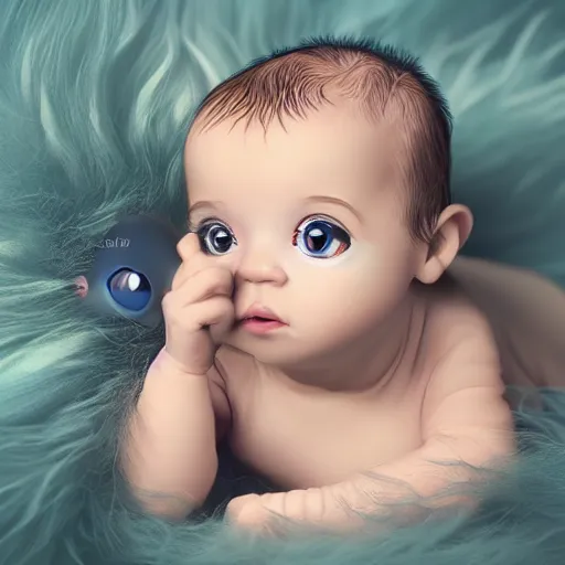 Prompt: a cute little monster baby with long fur, portrait, pixar style, extremely realistic photo, heaven background, cinematic lighting, award winning creature portrait photography