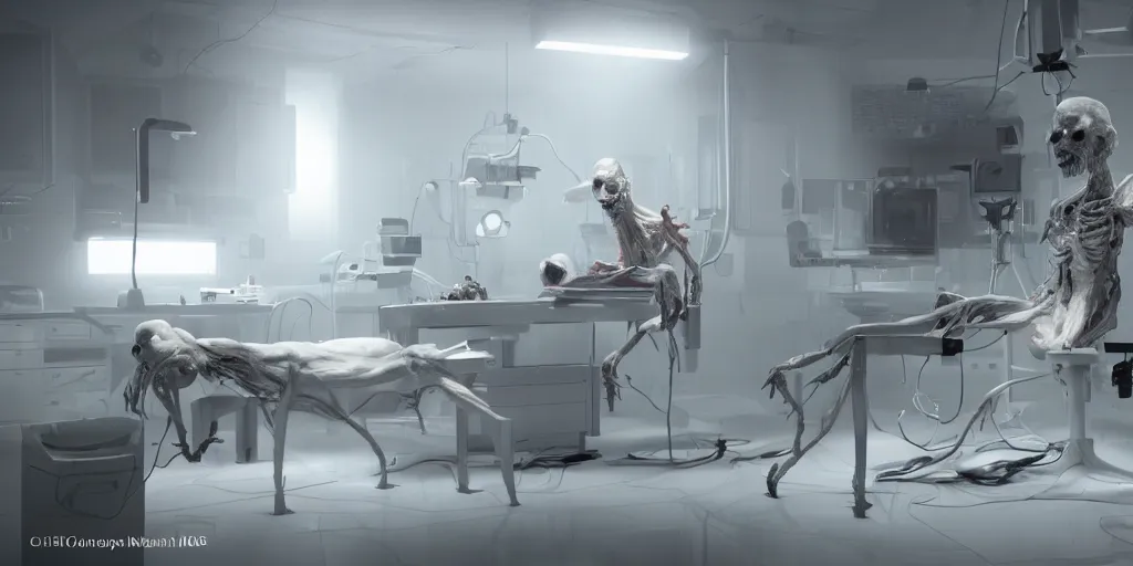 Image similar to High-tech white laboratory with horrible creature on the operating table, horror, dark cinematic, volumetric, realistic, 3d render, Realistic Render, Cinematic lighting, Volumetric lighting, atmospheric, cinematic, unreal engine, unreal engine render, octane render, HD, photorealism, hyper realistic, photo, 8K, in the style of Chris Cunnigham, by Wes Anderson