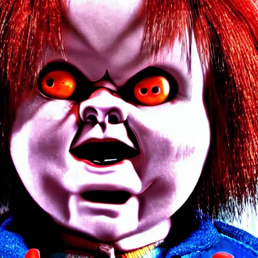 Prompt: Chucky the killer doll from the movie Child's Play demonic scary creepy movie still 8k hdr scary lighting