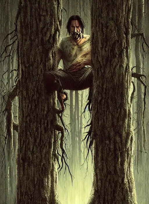 Image similar to highly detailed horror movie poster with angry creepy keanu reeves as a tree, keanu reeves faces in the bark of many trees sentient leafy catastrophe by greg rutkowski, masterpiece, really funny, 1 0 / 1 0 creepy