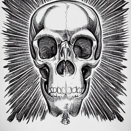 Image similar to a humanoid chimp skull hovering over a star pattern, 2 handguns are crossing in the middle of the picture ultra detailed, fine line pen drawing on parchment, symmetrical, stylish