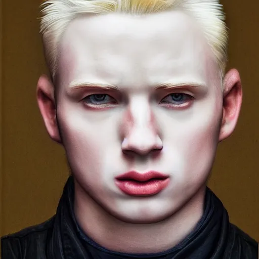 Image similar to realistic expired kodak film portrait of albino chris evans, hyperrealism, photorealistic, detailed, atmospheric, 8 k, award winning photography, cinematic