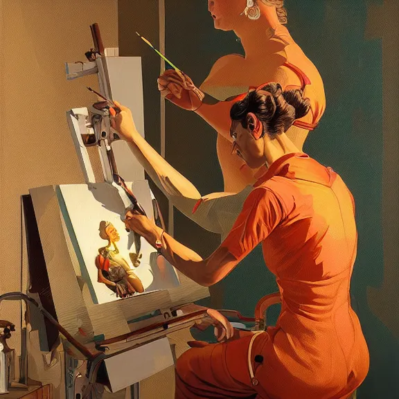 Prompt: robot artist painting a self - portrait on a canvas. intricate, highly detailed, photorealistic, digital matte painting, in the style of alexandros pyromallis, and in the style of sachin teng, and in the style of hans thoma, and in the style of gil elvgren. irony, recursion, golden hour.