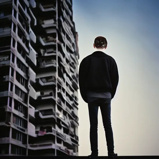 Image similar to un ultra high definition studio quality photograph portrait of a pale young man with black hair standing on the rooftop of an apartment building wearing eclectic clothes looking away from the camera. wide angle. morning. art directed. clear. fog. three point light. extremely detailed. golden hour, golden ratio, ray tracing, volumetric light, shallow depth of field.