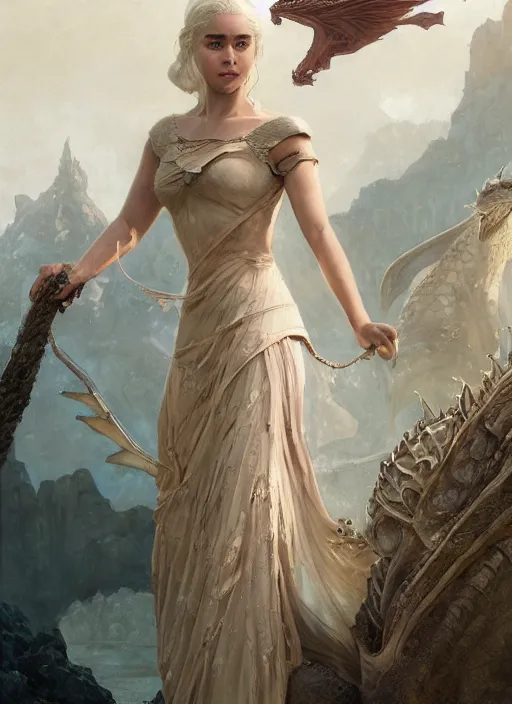 Image similar to a painting of Daenerys Targaryen in fantastic dress next to a dragon, by Jaime Jones,Tom Bagshaw,Lawrence Alma-Tadema,greg rutkowski,deviantart contest winner, fantasy art, daz3d,intricate,elegant,highly detailed,8k,digital painting,concept art, sharp focus, illustration,golden ratio