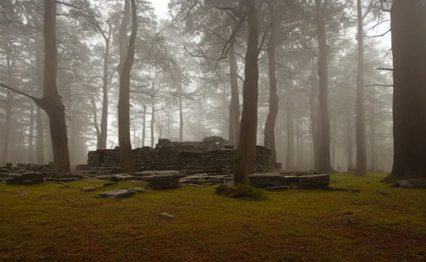 Prompt: incredible wide shot of the interior of a neolithic temple in the forest, dusk, light fog