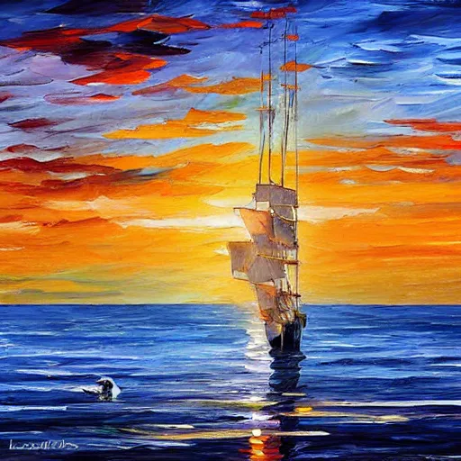 Image similar to rising sun ( ( ( fishing cormorant, fishing boat ) ) ) on the naples bay, by leonid afremov and moebius