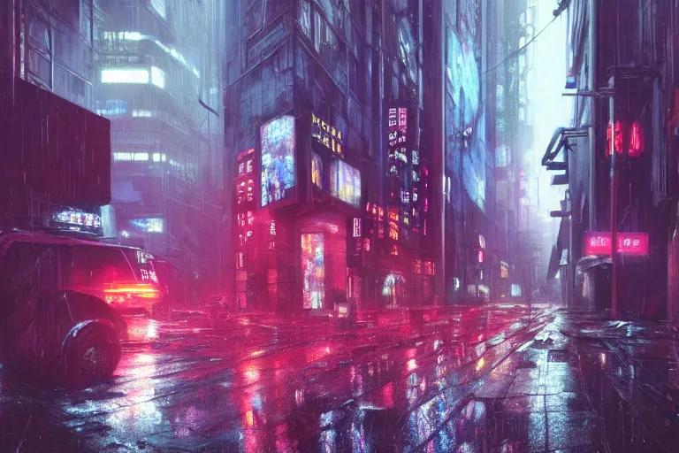 Image similar to a brutalist cyberpunk city street at night, raily season, very wet, neon lights and adds, architecture, a realistic digital painting by greg rutkowski and james gurney, trending on artstation, very highly detailed, 8 k