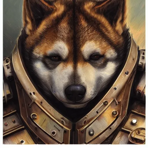 Image similar to wearing warhammer 4 0 0 0 0 emperor armor realistic anthropomorphic shiba inu scifi cyberpunk, visible face closeup portrait art by donato giancola and greg rutkowski, vintage retro scifi, realistic face, digital art, trending on artstation, symmetry