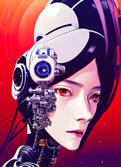 Image similar to side portrait scifi cyborg girl with robotic parts and spacesuit | | head only in center of image, audrey plaza, fine detail!! anime!! realistic shaded lighting!! poster by ilya kuvshinov katsuhiro otomo ghost - in - the - shell, magali villeneuve, artgerm, jeremy lipkin and michael garmash and rob rey